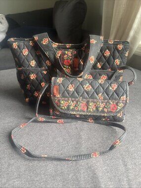 MaggiB 2Pc Weekender Red Black Floral Quilted Bag W Wallet Cross Body Cute Boho